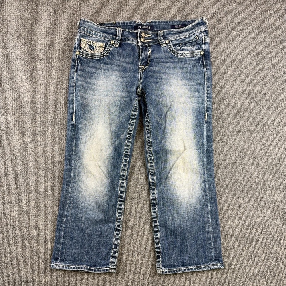 Vigoss Capri Jeans Womens 5/6 Blue The Chelsea Rhinestone Embroidered Stretch